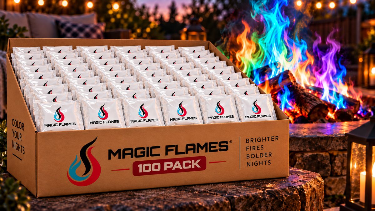 The Magic Flames 100 pack retail box open beside a fire pit burning in full color