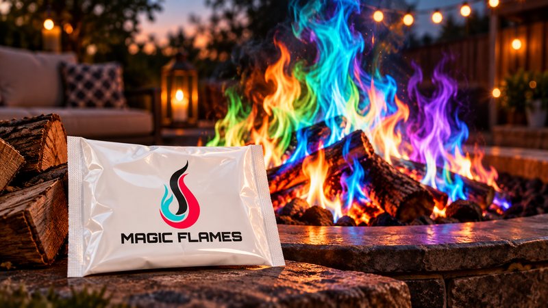 A Magic Flames packet resting against firewood beside a fire pit burning in blue and purple