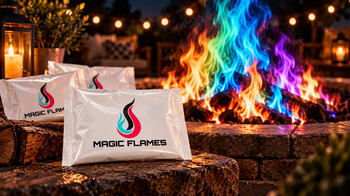 Three Magic Flames packets on a stone fire pit ledge beside colored flames