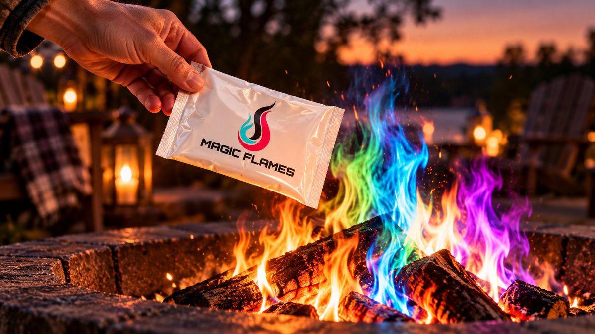 A hand dropping a sealed Magic Flames packet into a backyard fire pit burning blue, green and purple